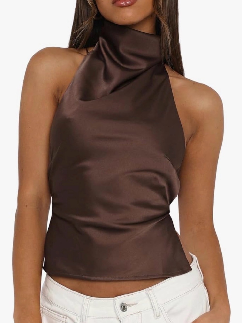 Brown Satin Halter Neck Tank Top - Women's